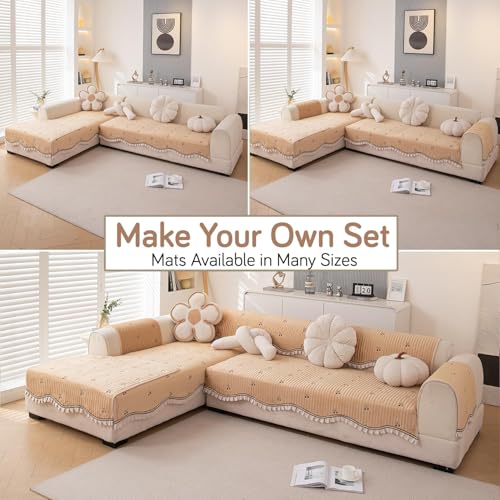 Image of HOKIPO Premium Dutch Velvet Sofa Cover Mat with Frill for 1 /2 /3 Seater and L Shape Sofa. Make Your Own Sofa Cover Set, Mat Length 90(D) x 220(L) cm, Caramel Beige (NEW-AR-5741-BGE)