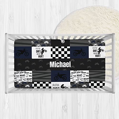 Personalized Motocross Black Baby Crib Sheets with Name, Customized Dirt Bike Crib Mattress Sheets for Baby Boys Girls, Fitted Crib Bedding Sheets for Standard Crib Size, Name Crib Sheets
