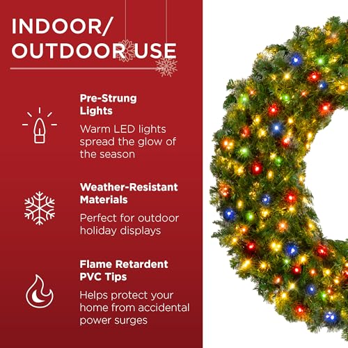 Image of Best Choice Products 30in Large Artificial Pre-Lit Fir Christmas Wreath Holiday Accent Decoration w / 100 Multicolor Lights, 220 PVC Tips