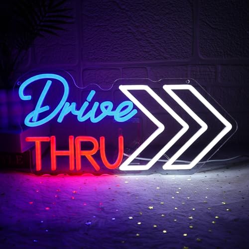 Folkive Drive Thru Neon Sign for Wall Decor Dimmable 16.54' x 8.07' Led Sign for Business Arrow Neon...