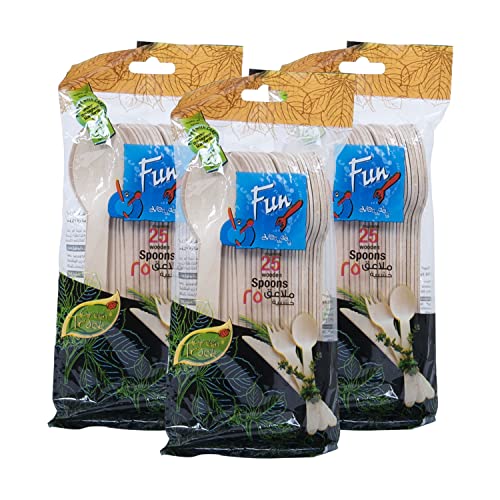 FUN BY AL BAYADER فن Promopack Eco Friendly Disposable Wooden Natural Spoon Set 6.5 inch - Pack of 25 X 3