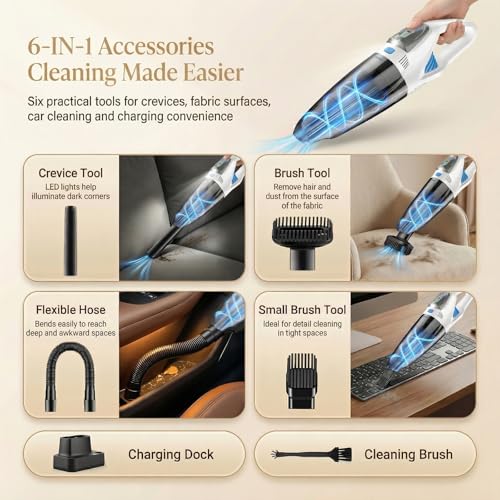 Image of Handheld Vacuum Cordless, 25000Pa Powerful Suction Car Vacuum Portable Cordless with 8000mAh Battery & LED Light, Hand Held Vacuum Rechargeable with HEPA Filters, Home, Car Seats, Pet Hair White