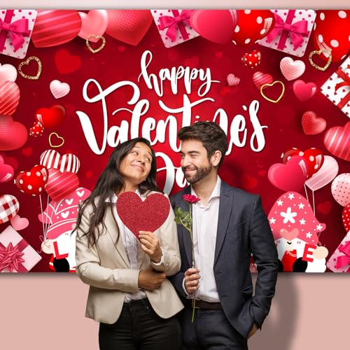 Image of Valentine's Day Backdrop, 7x5FT Red Love Heart, Polyester, Valentine's Day Occasion, Includes 118Inch Rope