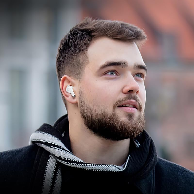 A person wearing the white HOCO EQ2 earbuds, looking upwards, demonstrating the comfortable fit.