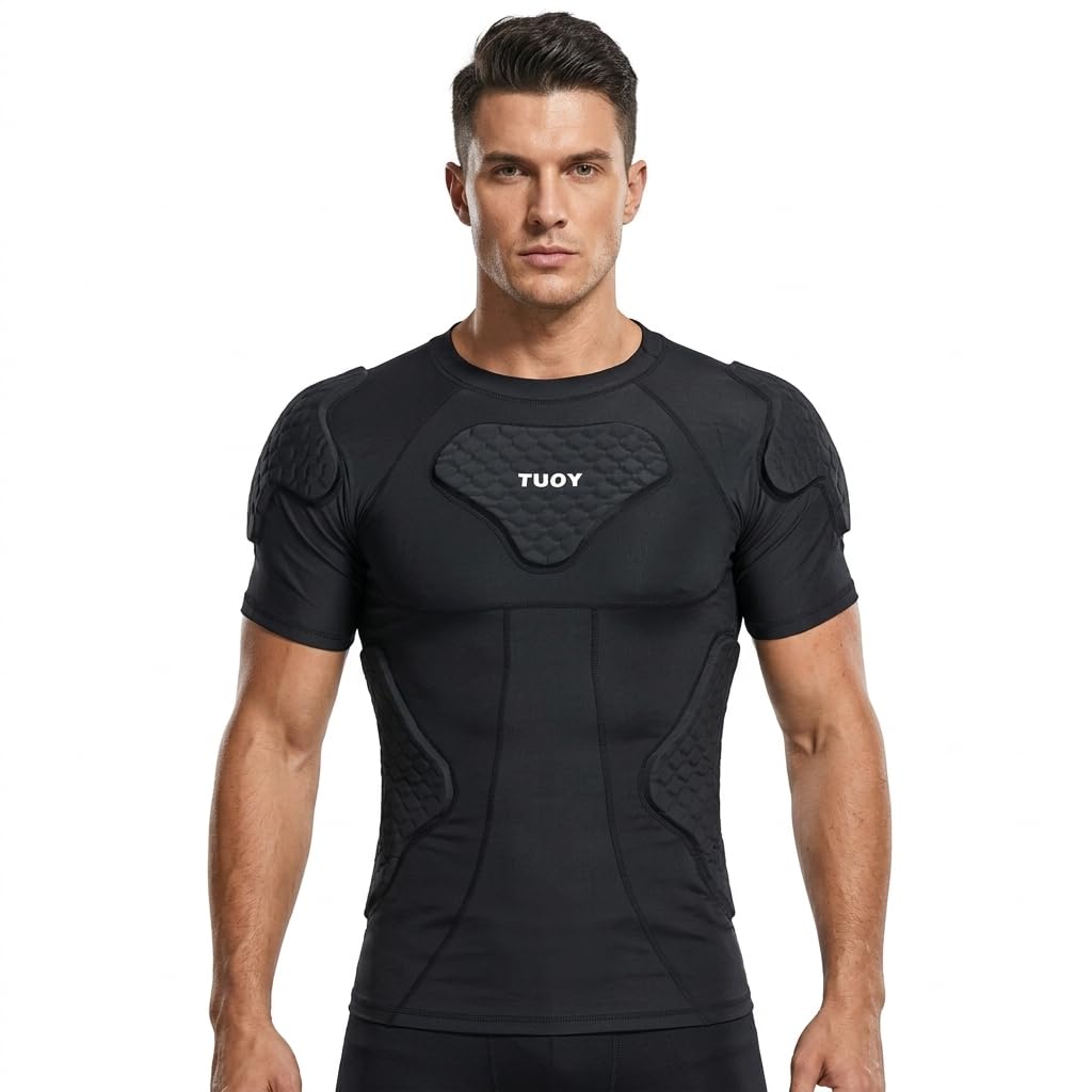 Camiseta Deportiva Acolchada de compresión – para hombres y jóvenes. Protector de Guardia De Seguridad de manga corta – Camiseta para baloncesto, fútbol, Paintball, Hockey, Rugby, Ciclismo y otros deportes de contacto