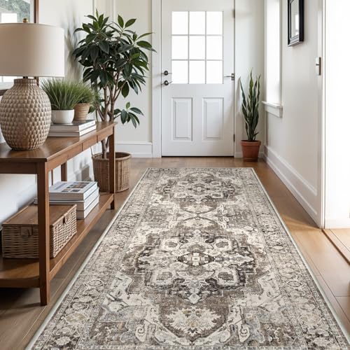 4x10 Washable Hallway Runner Rug: Soft Kitchen Rug Non-Slip Rug Runner with Rubber Backing for Living Room Bedroom Non Shedding Farmhouse Carpet Runners (Beige/Brown/Grey, 4x10)