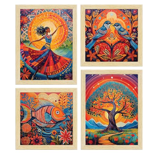 ArtX Paper Madhubani Art Paintings with Frame for Home Decor, Wall Painting for Living Room, Multicolor, Natural Wood Color Frames, Set of 4