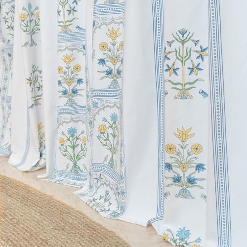 Image of Tranquebar Curtain Co. Cotton Curtains 7 Feet Long Set of 2, 60-65% Room Darkening, Blue Ethnic Curtains Floral Print, Door Curtains 7 Feet Set of 2, with Eyelet, Sashi (213 cm) - Set of 2