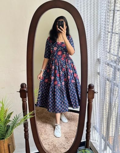 Image of Women's Pure Cotton Maxi Midi Dress Western Dress for Women Elegant Floral Printed Long Dresses | Soft & Breathable Fabric | Casual Trending Dress