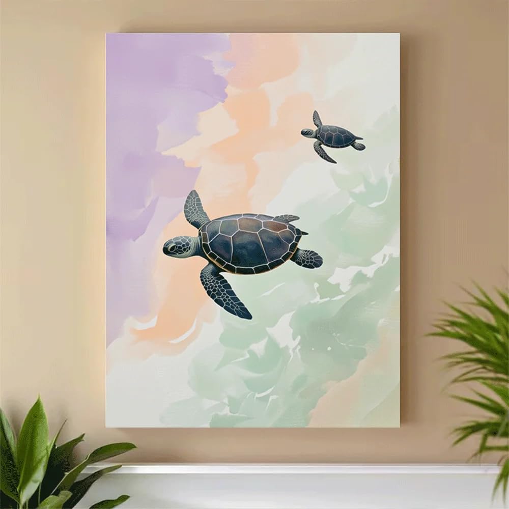 GKUVBF Impression sur toile aquarelle tortue de mer, affiche murale paysage marin estival pour la décoration de la chambre à coucher (60x80cm/cadre intérieur)