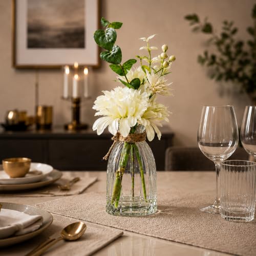 Image of CURATED CART Artificial Flower in Glass Vase for Home Decor, Small Mini Fake Plant, Realistic White and Green Faux Flower Bunch for Home, Office, Tabletop, Maintenance-Free