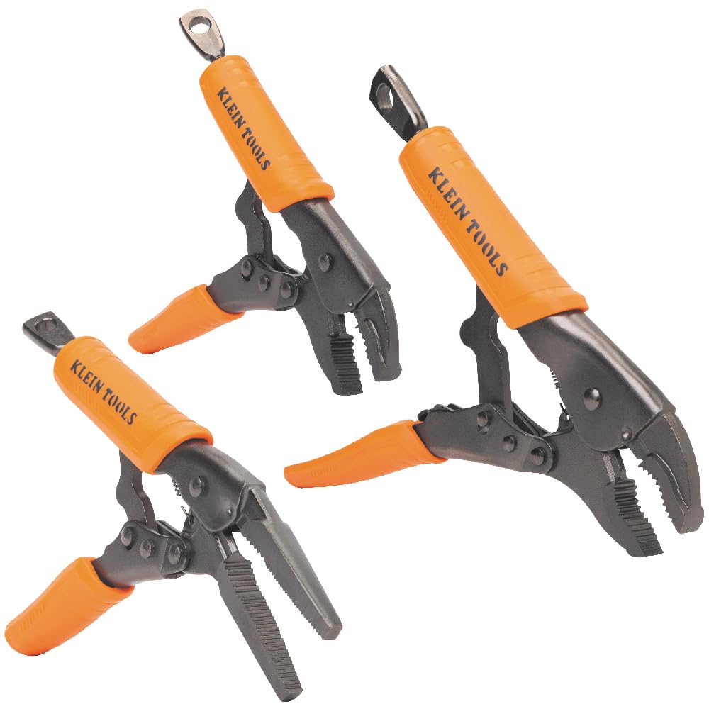 Klein Tools 38665 Locking Pliers Set, Long Nose 6-Inch, Curved Jaw 7 and 10-Inch, High Torque, Mole Grips for Clamping and Gripping 3-Piece