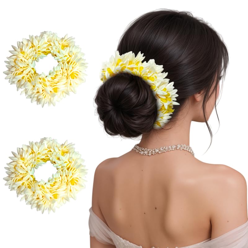 Hair Flare Set of 2 Artificial Mogra Gajra Juda Bun Flowers for Hair | Reusable Floral Hair Accessory with Yellow Thread for Bridal, Festive & Traditional | Women & Girls Juda Decoration