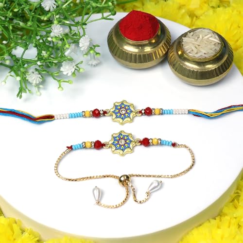 Image of Oblivion Rakhi Set for Brother and Bhabhi - Peacock with Feather Gift for Bhai & Lumba for Bhabhi with Silver Colour Coin and Greeting Card - Raksha Bandhan Combo
