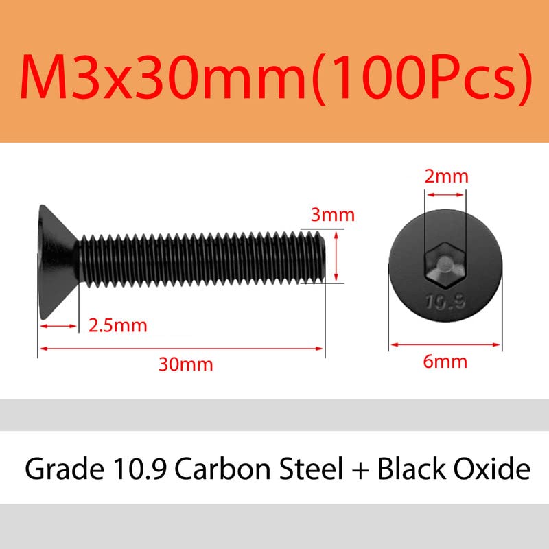M3 x 30mm 100 Pcs Countersunk Bolts Grade 10.9 Carbon Steel Hex Socket Cap Screw Flat Head Allen Bolts Machine Screws Fasteners