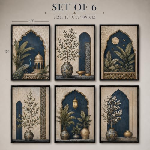 Image of Artsense Mughal Botanical Wall Art Set of 6 | Royal Peacock Arch Floral Decorative Paintings | Traditional Indian Palace Aesthetic Wall Decor for Living Room Bedroom Office