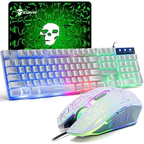 UK Layout Gaming Keyboard and Mouse Set Rainbow Backlit Ergonomic Usb Gaming Light Up Keyboard 2400DPI 6 Buttons Optical Rainbow LED Usb Gaming Mouse + Gaming Mouse Pads for PS4/Xbox One/Xbox Cover