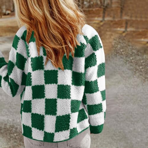 Sherpa Jacket Women Fashion 2024 Checkered Color Block Button down Long Sleeve Lapel Fleece Coat Casual Warm Outwear3