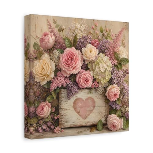 Tableau fleurs roses et violettes pour salon vintage 25x25 cm