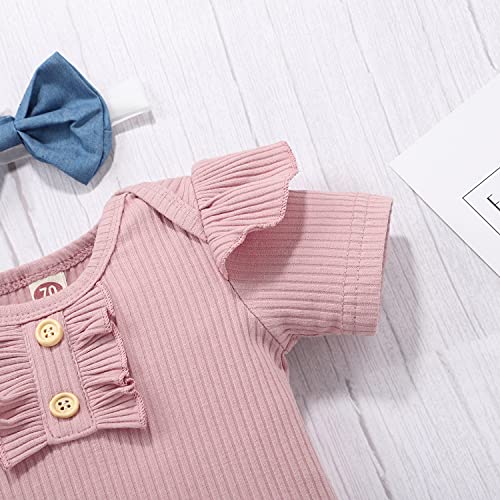 Infant Baby Girls' Bodysuit Shorts And Headband Set, Toddler Short-Sleeved One-Pieces Shorts Pants (Peach Pink, 0-6 Months) #TOP3