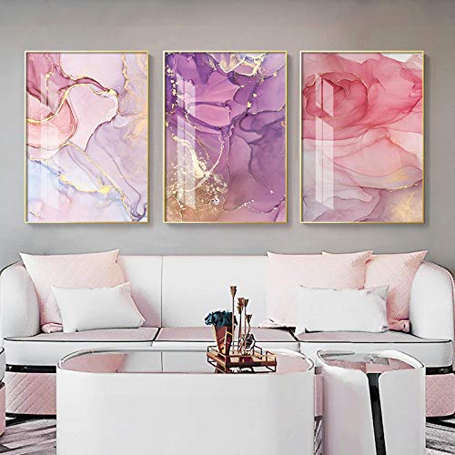 Toile peinture marbre rose or nordique 70x100cm triptyque abstrait