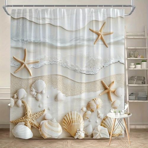 UUDIHO Strand-Duschvorhang mit Haken, Sand & Muscheln, aus Polyester, ideal für die Dekoration des Badezimmers zu Hause (240 x 200 cm/94 x 79 Zoll (B x H) / Badewannenvorhänge