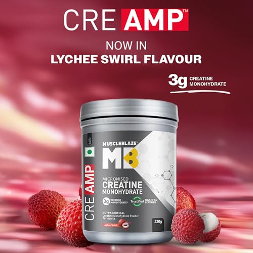 Image of MuscleBlaze Micronised Creatine Monohydrate CreAMP Powder, 320g | Lychee Swirl, 80 Servings | Trustified Certified Creatine