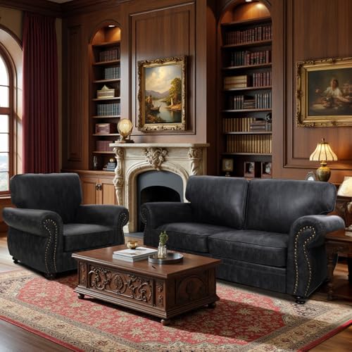 Image of Couchus 71 inch W Living Room Furniture Sets, Mid-Century Vintage Faux Leather Sofa and Couch Sets, Loveseat and Sofa Set with Nailhead Trim (Grey, Single+Loveseat)