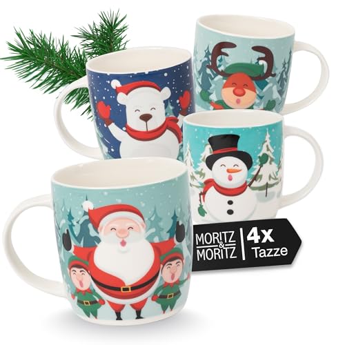 Moritz & Moritz Set di 4 tazze natalizie in porcellana da 350 ml - Tazze festive con dolci motivi - Adatto per lavastoviglie e microonde - Tazze per caffè, tè, cioccolata ecc.