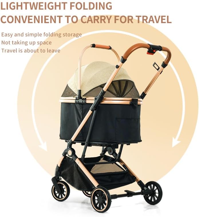 Dog Buggy, Foldable Pet Stroller, One-Click Foldable Cat Dog Stroller, 3 in 1 Dog Cat Pushchair with Storage Basket Net Window Cup Holder