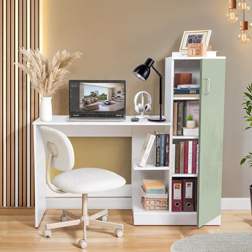 Image of ABOUT SPACE Study Table with Cabinet - Computer Table with Bottom Storage Space DIY Engineered Wood Office Desk with Adjustable Shelves for PC Laptop Gaming (White, Green-L 124 x B 44 x H 121.5 cm)