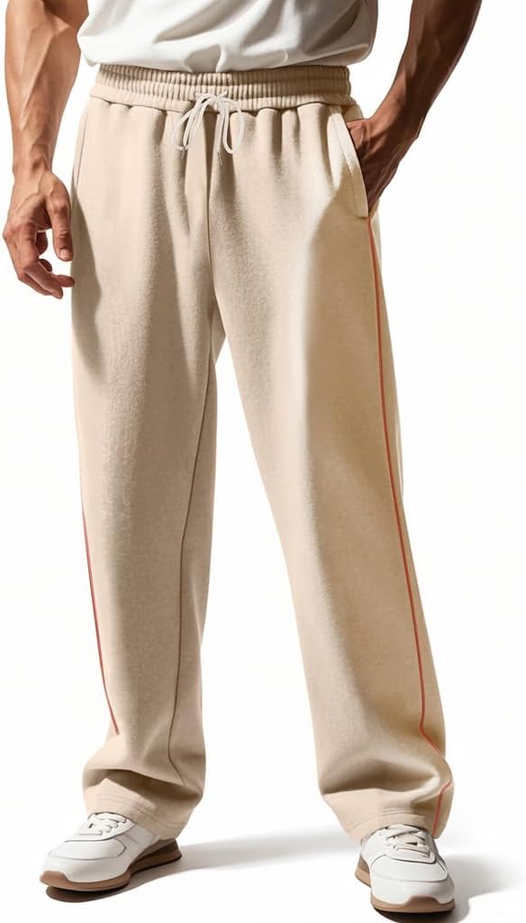 Men's Sweatpants Straight Leg Elastic Waist Baggy Lounge Pants Athletic Joggers Quilted Trousers with Pockets