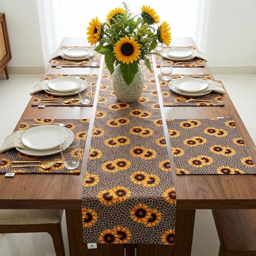Image of Dining Table Mats Set of 6 with 135 cm Runner - Sunflower Animal Print Theme,Digital Print, Washable, Indoor /Outdoor, Heat-Proof, Wipe & Clean (47X33 cm) Yellow & Brown