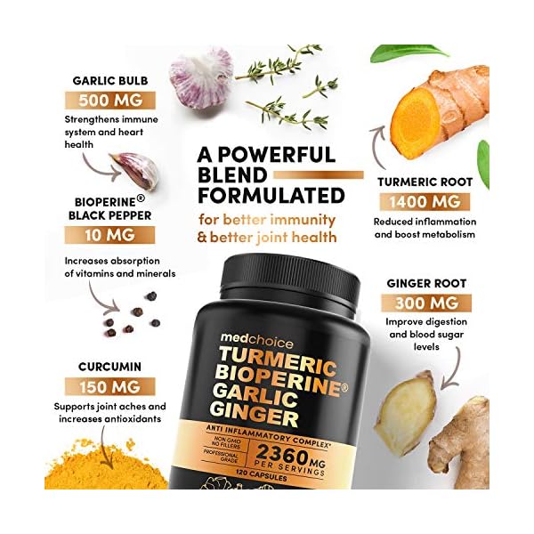 4-in-1 Turmeric and Garlic Supplements with Bioperine 2360 mg (120 ct) Turmeric Ginger Root Capsules with Garlic - Turmeric Curcumin with Black Pepper for Joint, Digestion & Immune Support (Pack of 1)