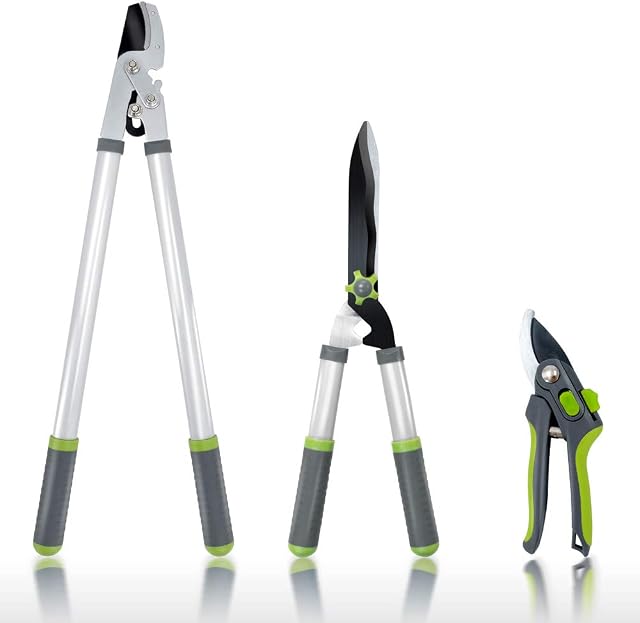 Hortem 3PCS Garden Shears Set with 28" Tree Loppers Heavy Duty, 23" Professional Hedge Clippers, 8" Sharp Pruning Shears as Tree & Shrub Care Kit