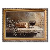 RINMFEO Golden Frame Last Supper Communion Canvas Art Christian Wall Painting Bread and Wine Still Life Religious Artwork Easter Home Decor Faith Based Presentation 12x16inch