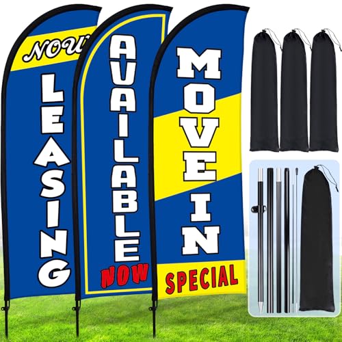 Buryeah Blue 3 Set Feather Flag Kit Now Leasing Move in Special Available Flag with Pole Ground Stake and Bag Leasing Sign for Advertising Renting Welcome Banner for Outside Ground (7 ft)