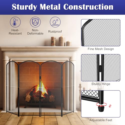 SHINOSKE 4-Panel Fireplace Screen,47.8" W x 31" H Black Metal Foldable Fireplace Cover,Decorative Mesh Fire Spark Guard Cover for Living Room Home Indoor Decor,Baby Proof,Easy Assembly