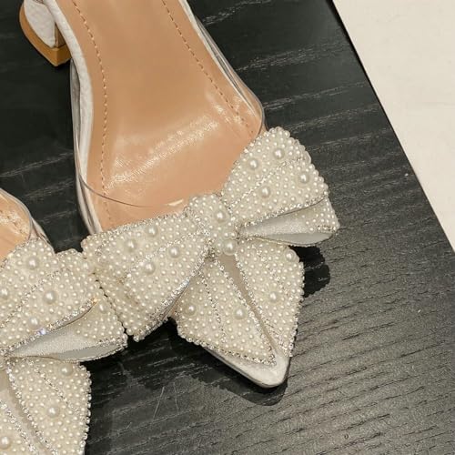 KysBloes Women Bow Rhinestone Shoes Pointed Toe Slingback Heels Clear Stiletto High Heel Pumps with Pearl2