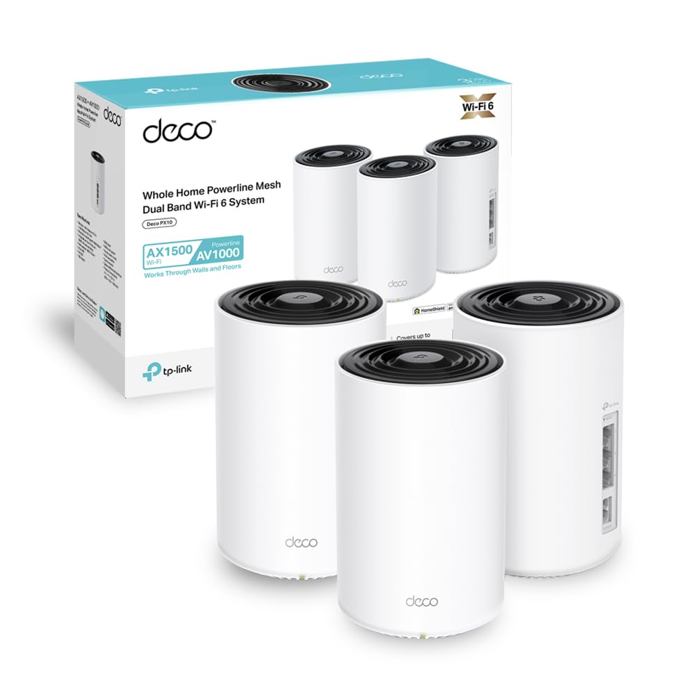 TP-Link Mesh Wifi WLAN Deco PX10 Powerline, Wi-Fi6 Dual-Band AX1500+ AV1000,3 Porte Gigabit, Portata Fino a 530m², Ideale per Ambienti di Grandi Dimensioni e Pareti Spesse, Gestita dall’IA, WPA3，3Pz