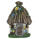 Exhart Twigs Roof Fairy House Outdoor Decor - Fairy Cottage Resin Statue with Solar Garden Lights, Miniature Fairy Hut Solar Home Decor for a Magical Fairy Garden, 9