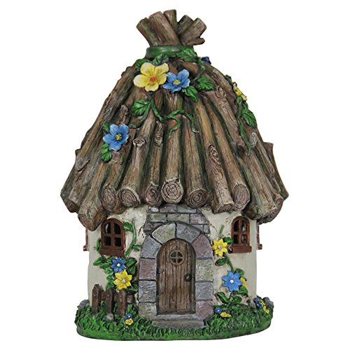 Exhart Twigs Roof Fairy House Outdoor Decor - Fairy Cottage Resin Statue with Solar Garden Lights, Miniature Fairy Hut Solar Home Decor for a Magical Fairy Garden, 9