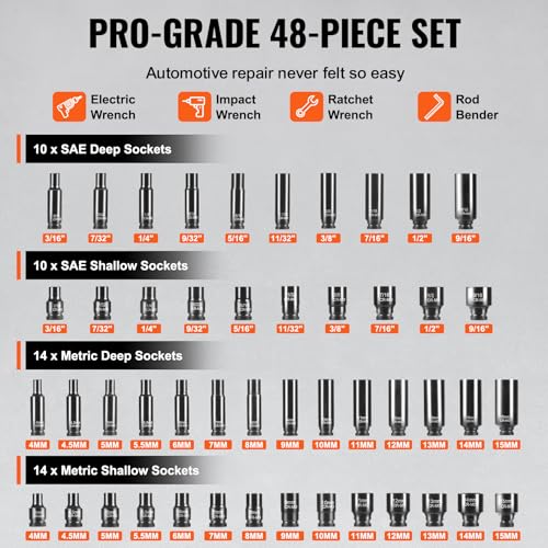 Image of VEVOR Drive Impact Socket Set 1 /4 inch - 48 Piece Deep & Shallow Socket Set SAE 3 /16 inch-9 /16 inch and Metric 4-15mm - 6 Point Cr-Mo Alloy Steel for Auto Repair - Easy-to-Read Size Markings Storage Case