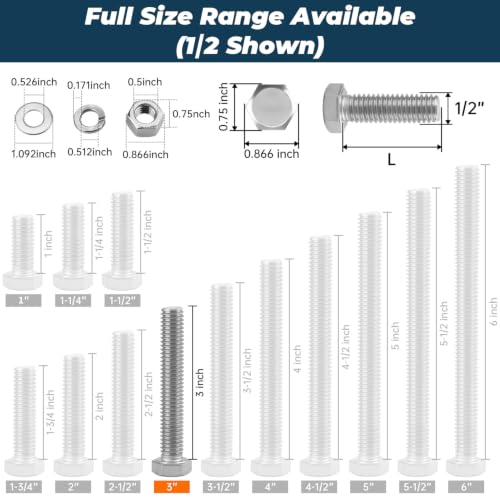 Image of 4 Sets Glvaner 1 /2-13 x 3 Stainless Steel Hex Head Screws Bolts, Nuts, Flat & Lock Washers, 18-8 (304) Stainless Steel, Full Thread, Coarse Thread