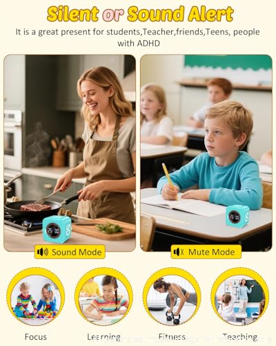 Image of Pomodoro Timer Cube Visual Productivity Flip Timer for Kids Classroom Desk, 5 /10 /25 /50min& Custom Countdown, Silent&Sound Mode Digital Cube for ADHD Study Work School Game Kitchen (Mint Green)
