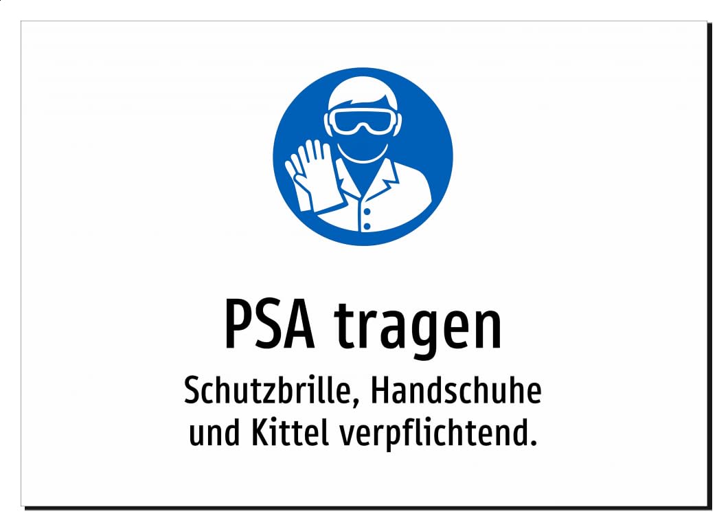 PSA tragen - Schutzbrille, Handschuhe und Kittel verpflichtend. – Aluminiumschild A2: 594x420mm – Mit Grafik und Text