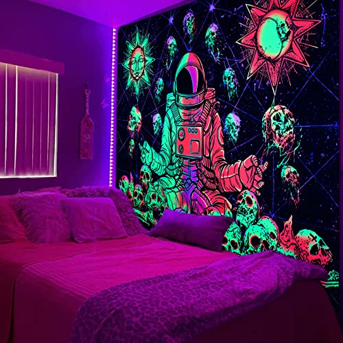 Krelymics Blacklight Meditation Astronaut Tapestry Trippy Skull Tapestry Glow In The Dark Sun And Moon Tapestry Uv Reactive Skeleton Tapestries Wall Hanging For Room(51.2×59.1 Inches) #TOP3