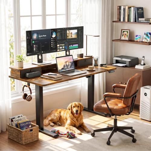 Image of Veken 55x26 in Electric Standing Desk with Drawers, Adjustable Table, Brown | Stand up Computer Desk for Home Office, Work & Study, with Storage, 3 Memory Presets, Cable Organizer, Hook, and Quiet Lift.