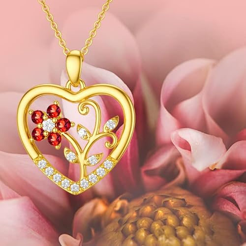 Sisgem 14K Solid Gold Heart Necklace With Red Garnet For Women Girls,Yellow Gold Love Heart Pendant Necklace Simulated Garnet Jewelry Gifts For Birthday Mothers Day 16+1+1 Inch #TOP1