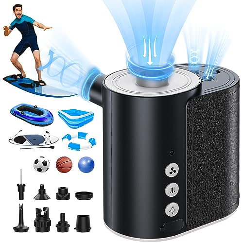 SUPPOU Multifunctional Electric Pump,4000mAh Have Low/High Pressure(20PSI max) Air Pump with Lighting, 8 Nozzles For Balloons, Football, Sup, Swimming Pool, Inflatable Boat, Mattress, etc. (L), Black